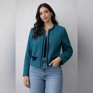 Vintage Teal Jacket with Black Trim & Bow Details